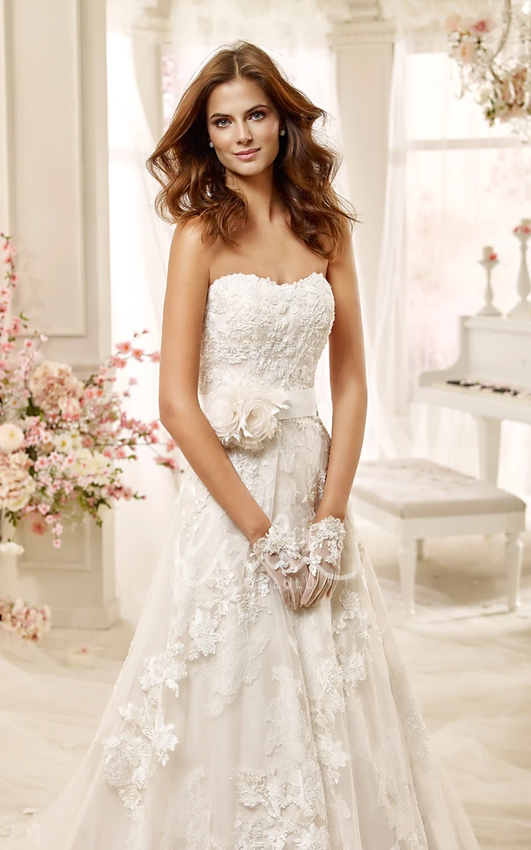 Lace-Applique Wedding Dress with Back Bow and Flowers Strapless Style