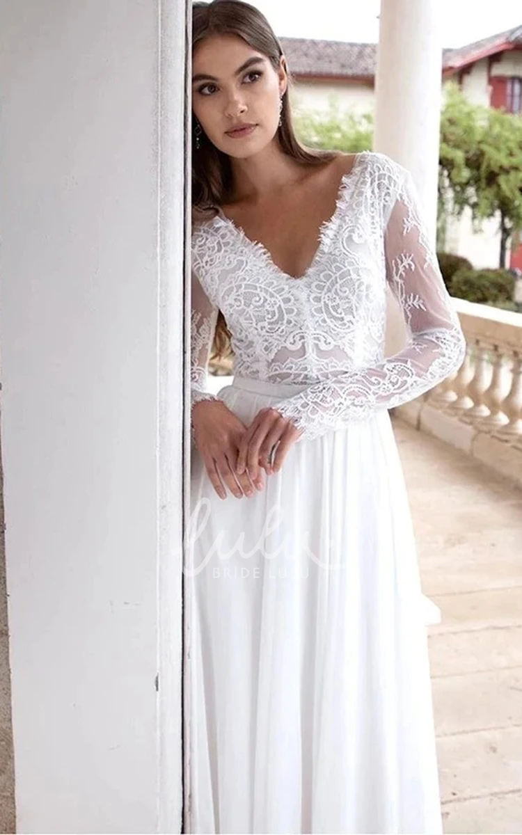 V-Neck Chiffon Lace A-Line Wedding Dress with Long Sleeves and Low-V Back