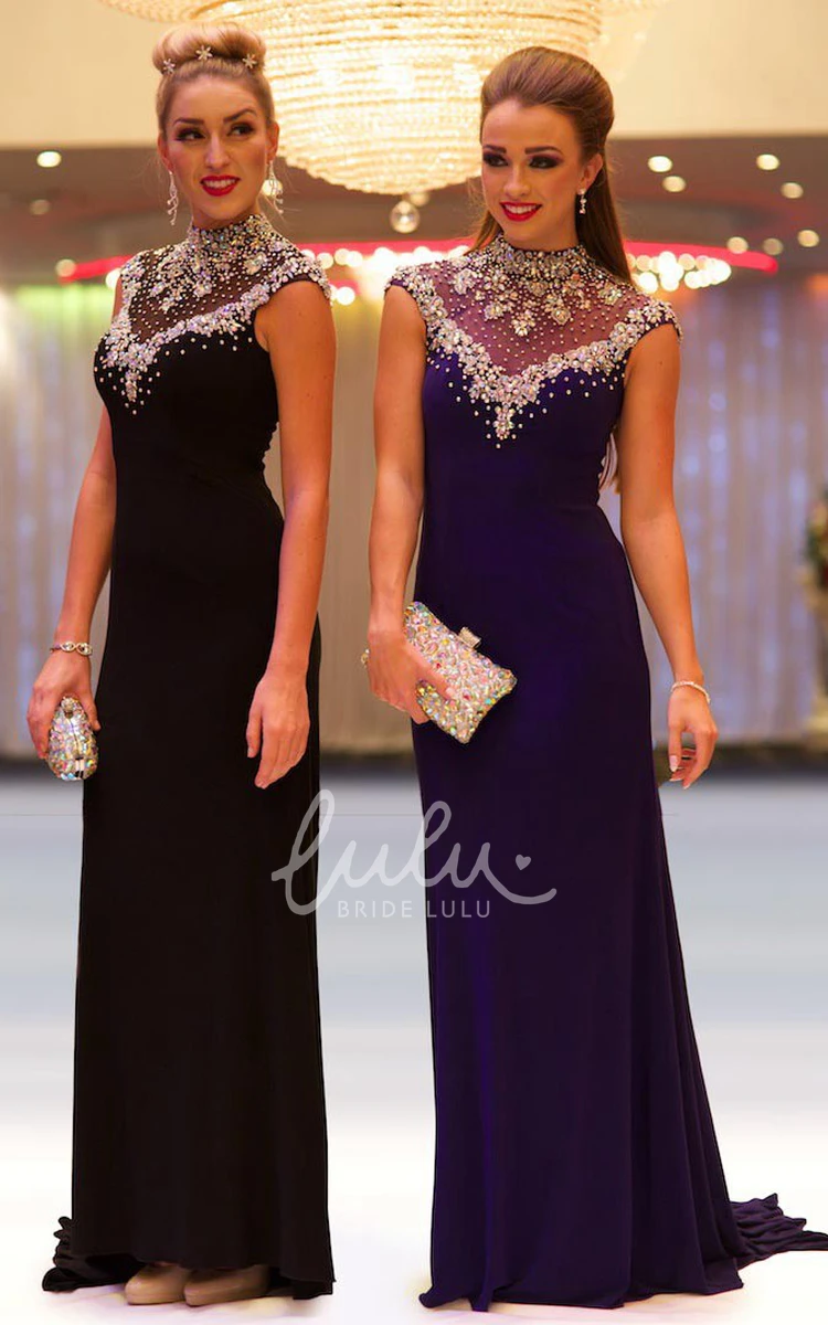 High-Neck Jersey Prom Dress Sheath Cap-Sleeve Beaded Floor-Length