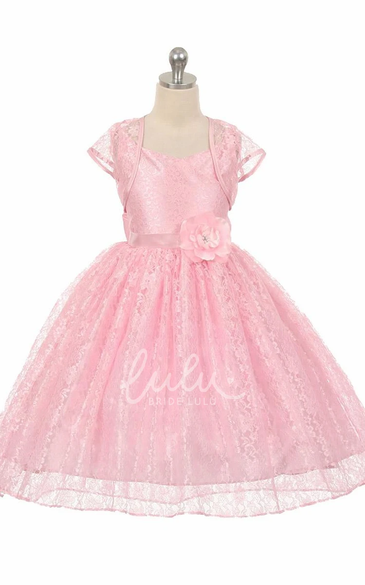 High-Low Lace Flower Girl Dress with Floral Design and Sash