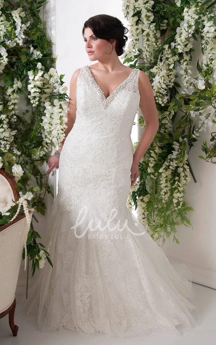 Mermaid Wedding Dress with Plunging Neckline Beading and Sleeveless Design