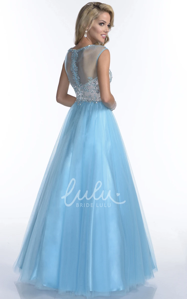 A-Line Tulle Cap Sleeve Prom Dress with Rhinestone Bodice and Illusion Back