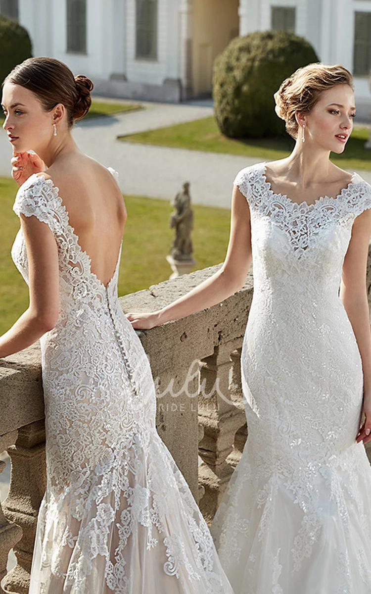 Maxi Lace Mermaid Wedding Dress with Cap-Sleeve Scoop Neck