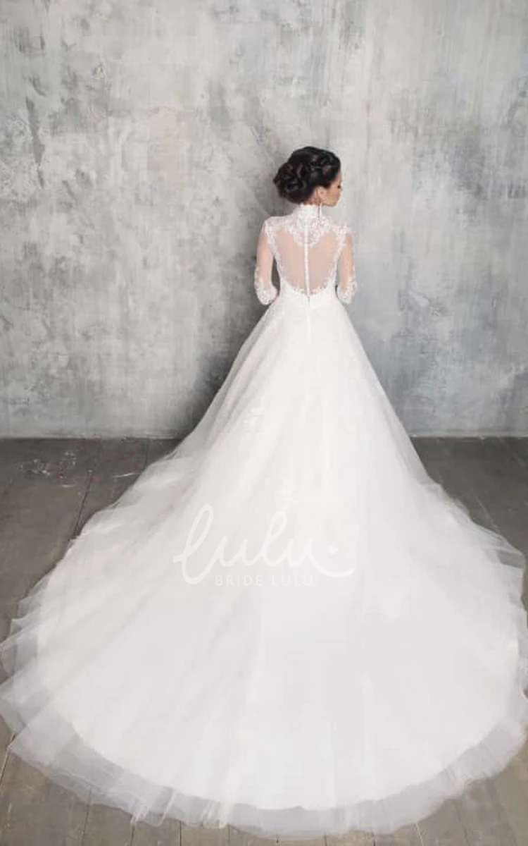 Illusion Tulle Ball Gown Wedding Dress with 3/4 Sleeves and Appliques