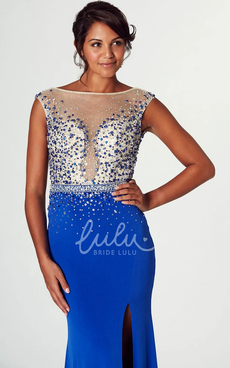 Sleeveless Beaded Bateau-Neck Prom Dress Jersey Formal Dress