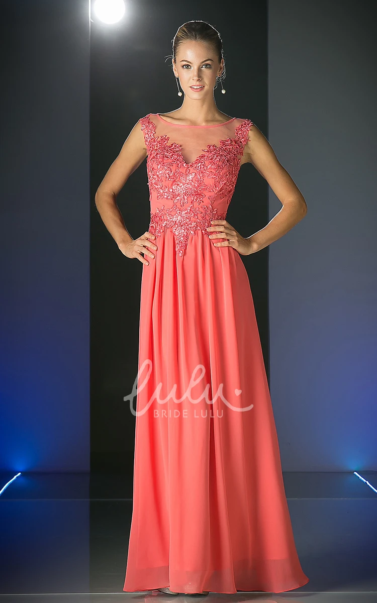 Scoop-Neck Sleeveless Sheath Dress with Appliques and Illusion in Chiffon Fabric