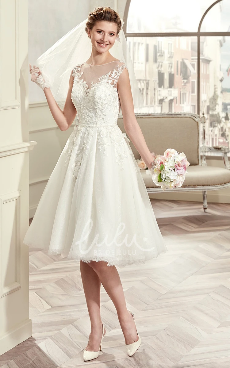 Knee-length Wedding Dress with Illusive Design and Lace Bodice Cap-sleeve Bridal Gown