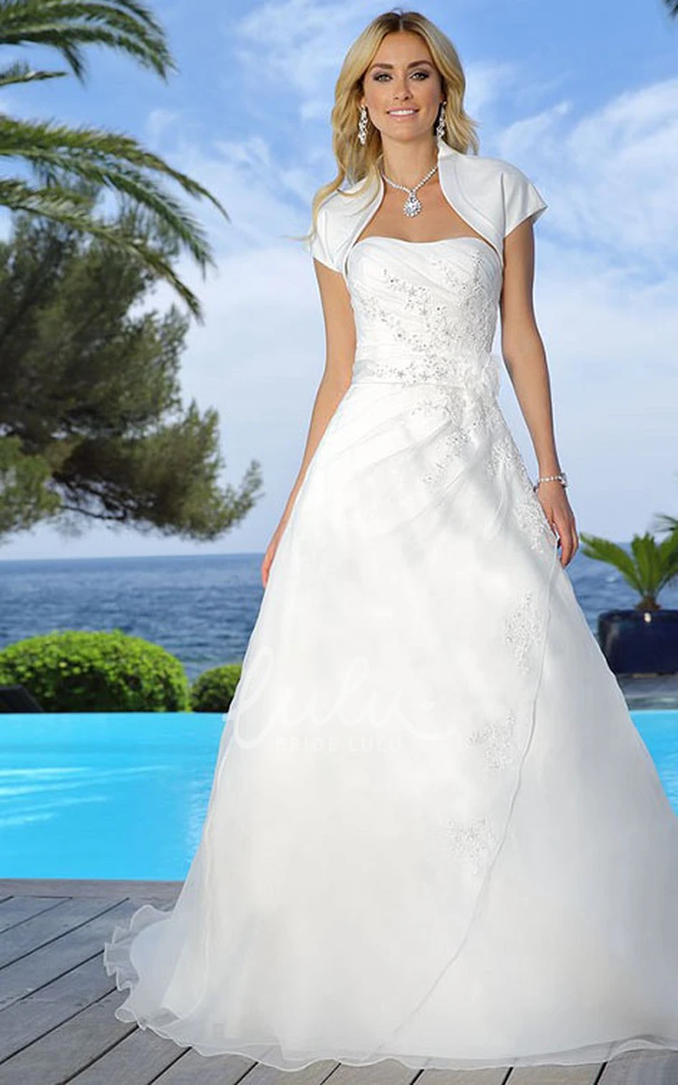 Strapless Satin Wedding Dress with Flower and Cape Floor-Length Bridal Gown