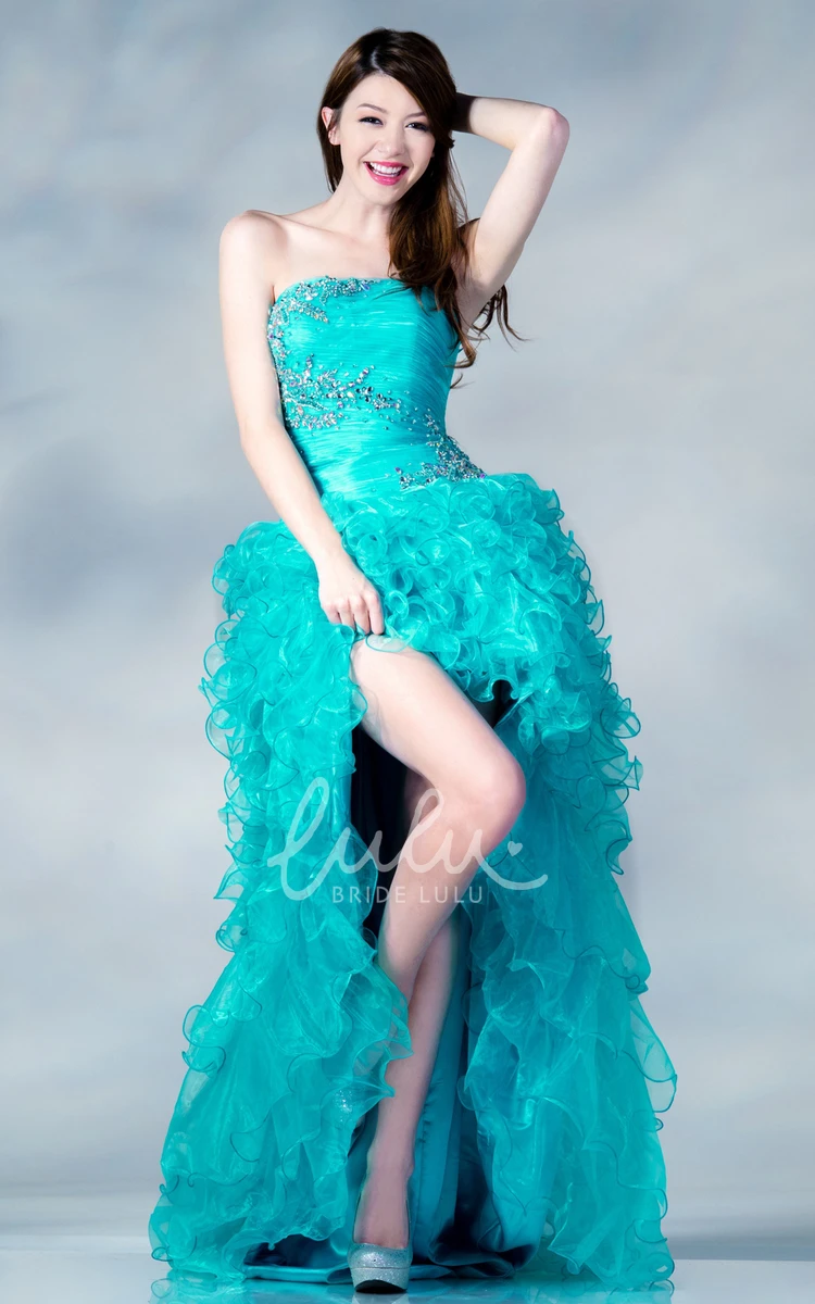 High-Low Strapless Organza Dress with Ruching and Beading