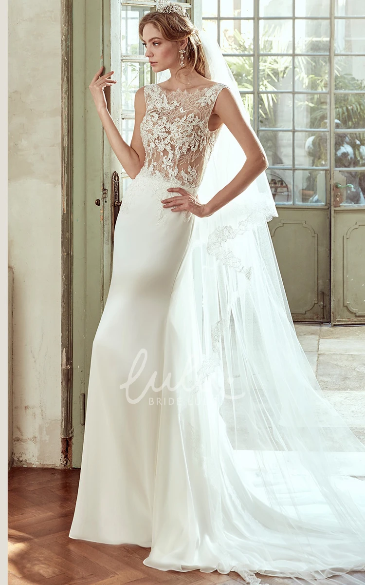 Illusive Lace Cap-Sleeve Sheath Wedding Dress with Open Back