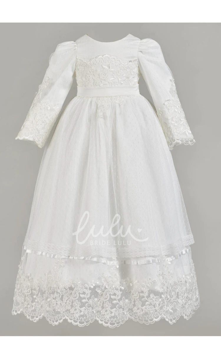 Modest Zipper Back Long Sleeve Christening Dress Classic Baptism Gown