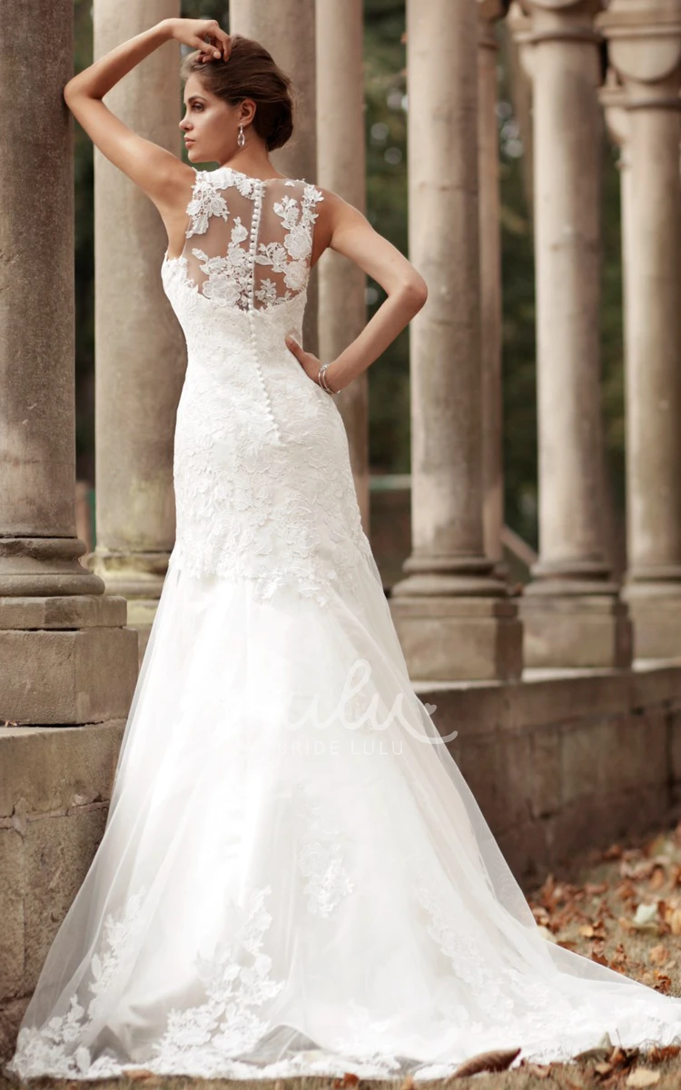 Sleeveless Lace Appliqued Sheath Wedding Dress in High-Neck and Floor-Length