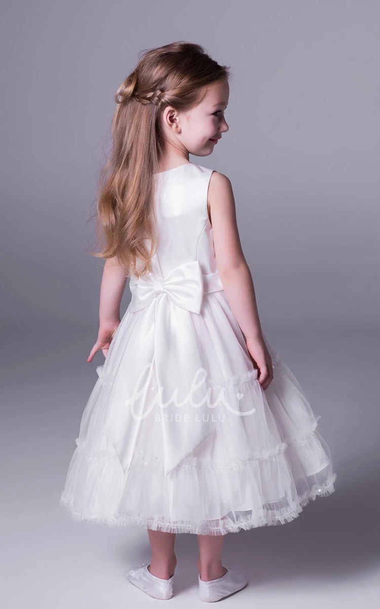 Satin Tea-Length Dress with Ruffles A-Line Flower Girl Dress