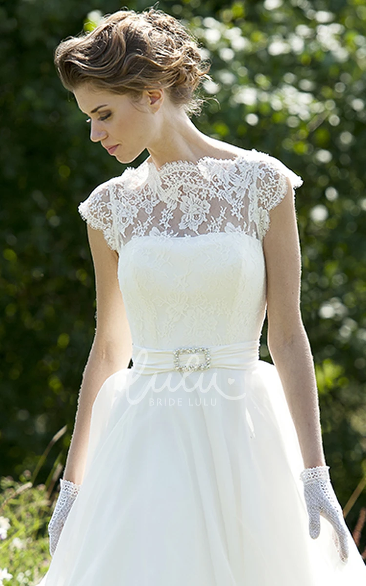 Maxi Cap-Sleeve Lace Chiffon Wedding Dress High Neck Style