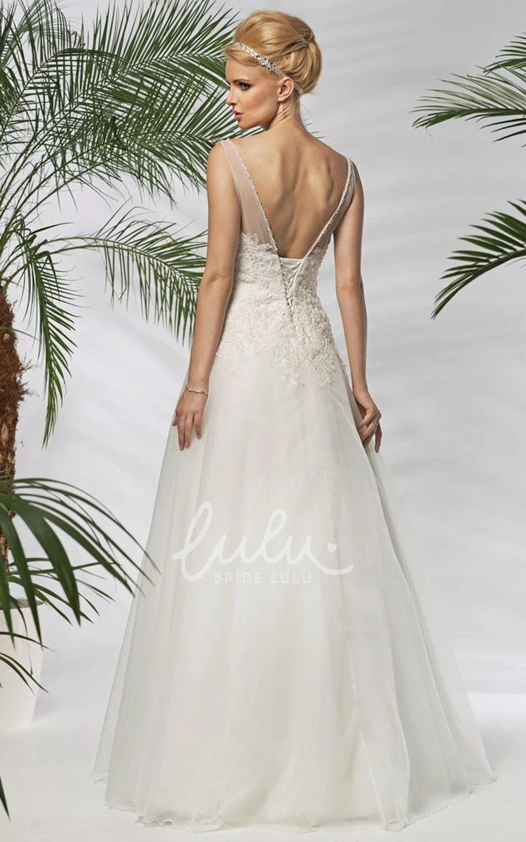 A-Line Tulle & Satin Wedding Dress Appliqued Floor-Length Sleeveless