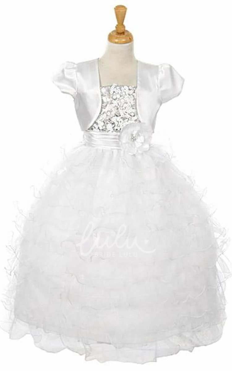 Ankle-Length Bolero Flower Girl Dress with Sequins Organza and Ribbon