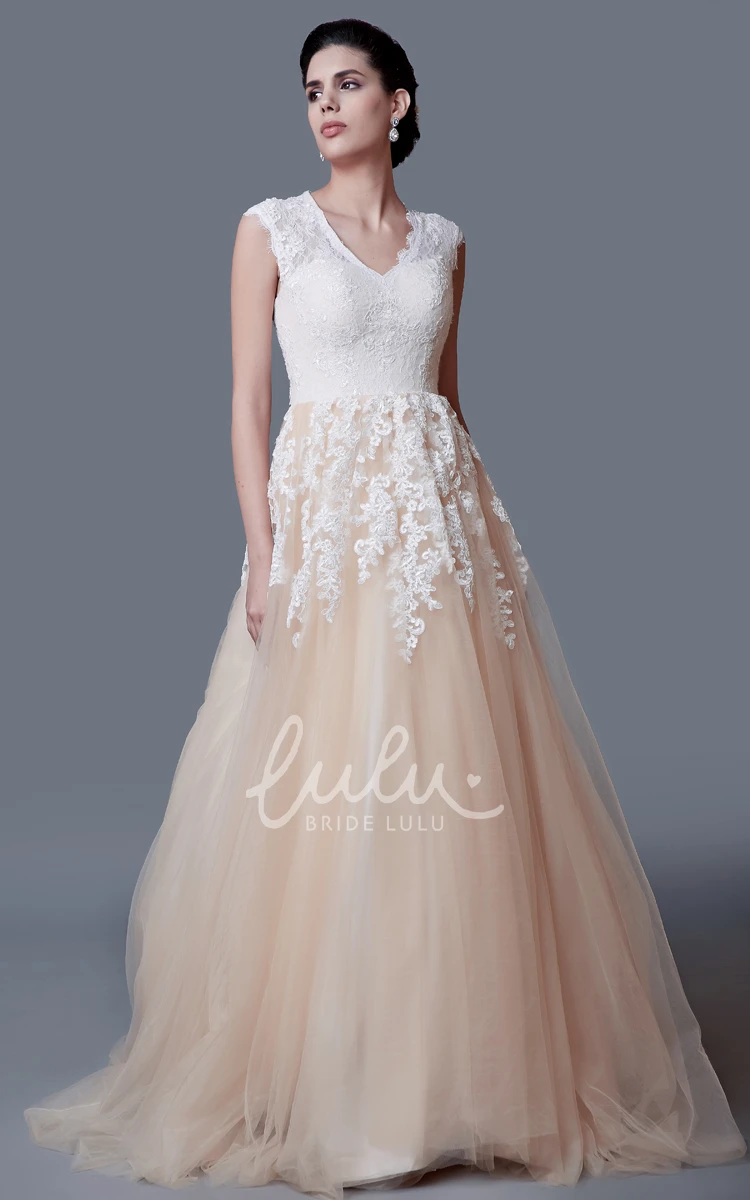 Cap Sleeve Lace Wedding Dress Modest A-Line V-Neck Elegant