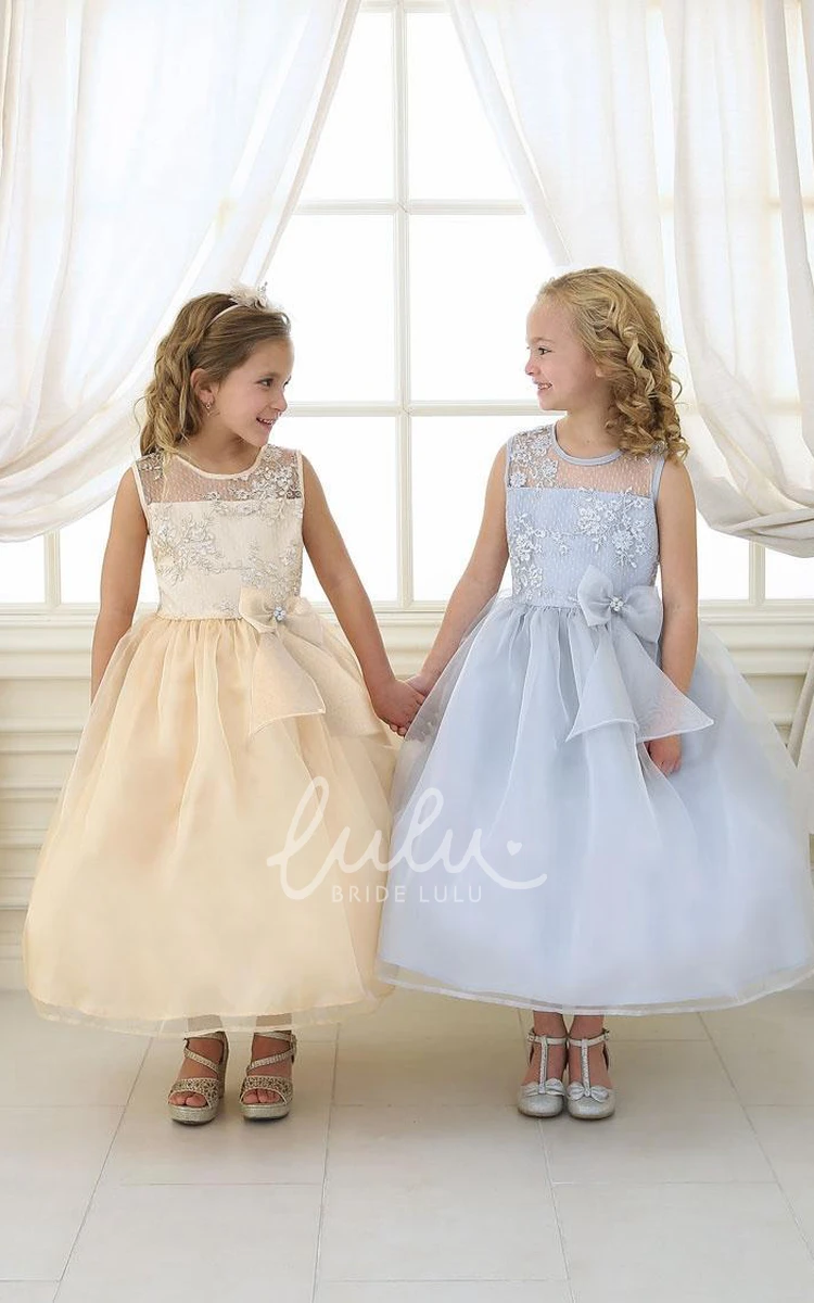 Floral Lace and Organza Flower Girl Dress with Illusion Bowed Tea-Length