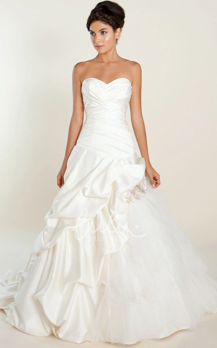 Satin & Tulle Pick-Up Wedding Dress with Flower Sweetheart Ball Gown Criss Cross