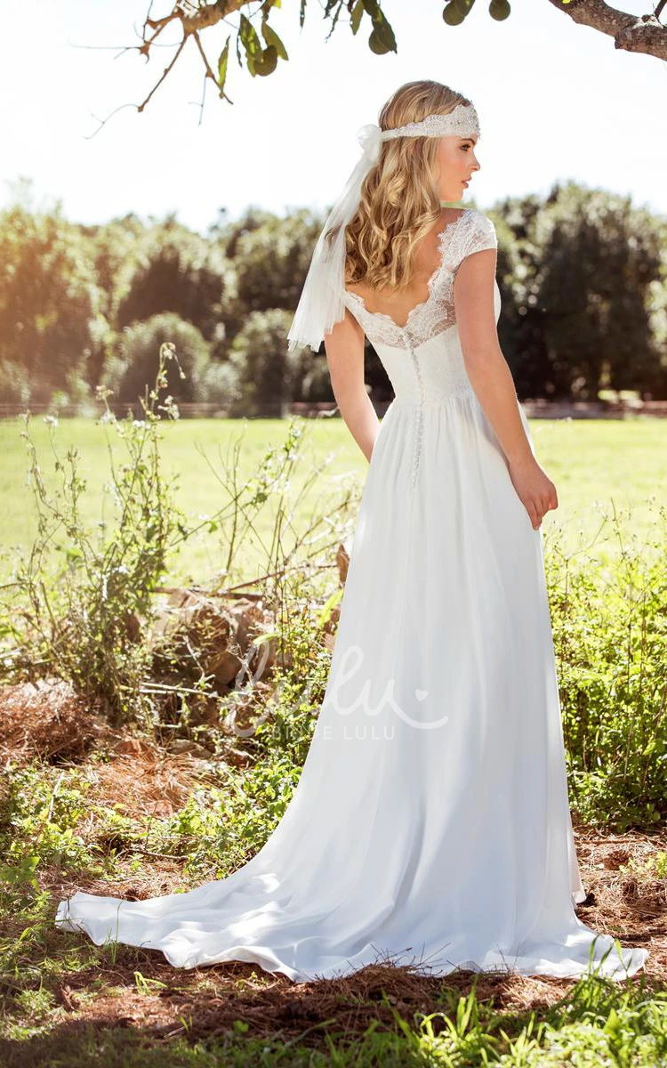Chiffon Sheath Wedding Dress with Appliques V-Neck and Cap-Sleeves Long Length