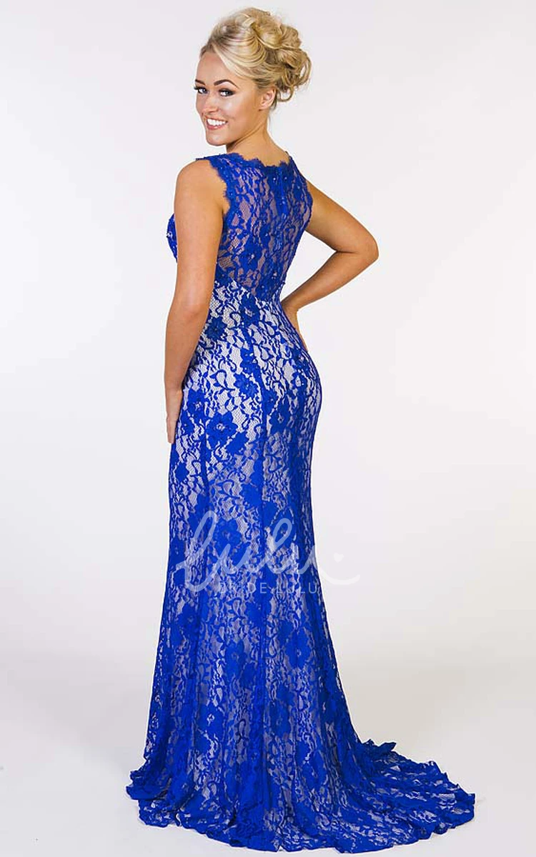 Sheath Appliqued Lace Prom Dress with Illusion Back and Pleats Modern Maxi Dress