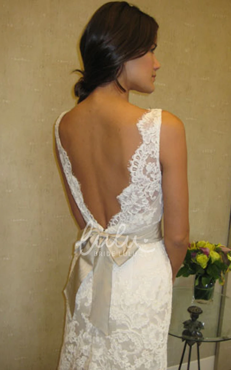 Floor Length Lace Dress with V Back and Bateau Neckline