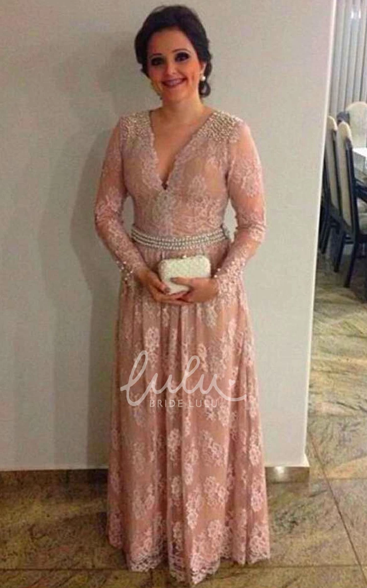 Long Sleeve A-line Lace Formal Dress with Pearl Waistline