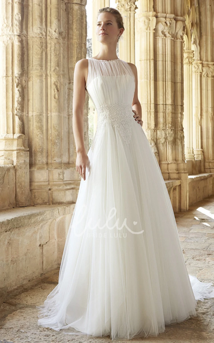 Jewel Appliqued A-Line Tulle Wedding Dress with Illusion Back and Ruffles