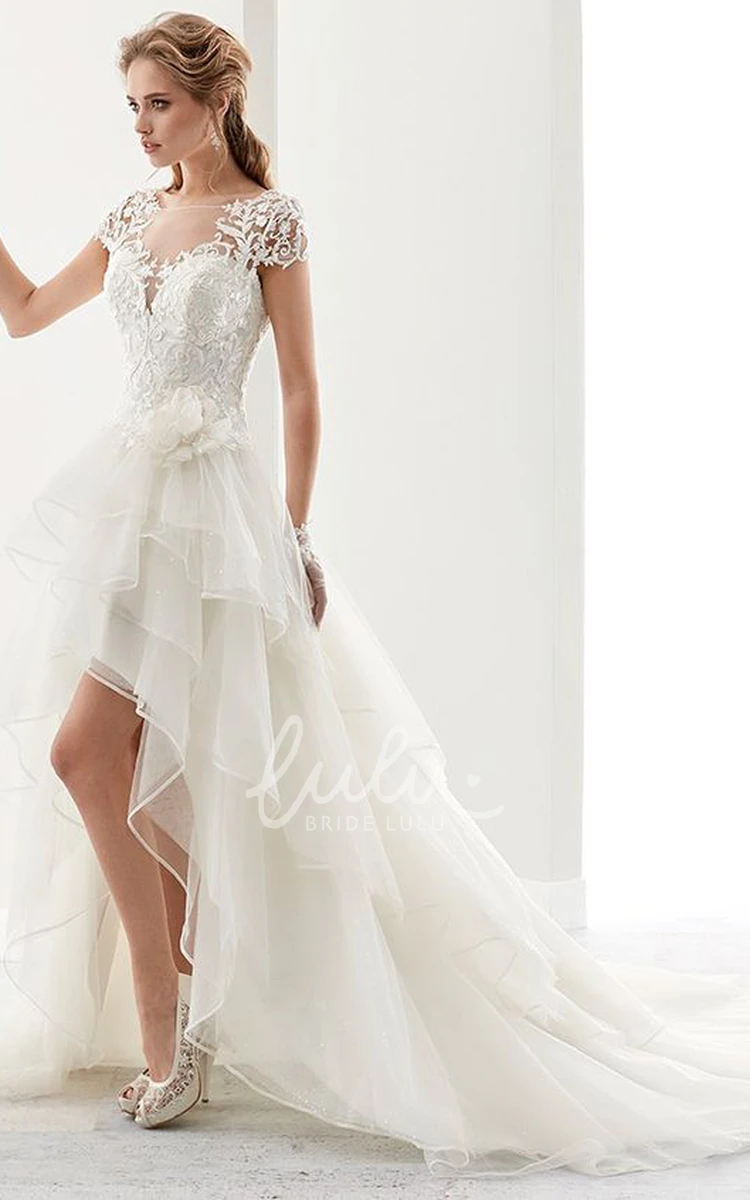 High-Low Bridal Gown with Ruffles and T-Shirt Sleeves Unique Wedding Dress