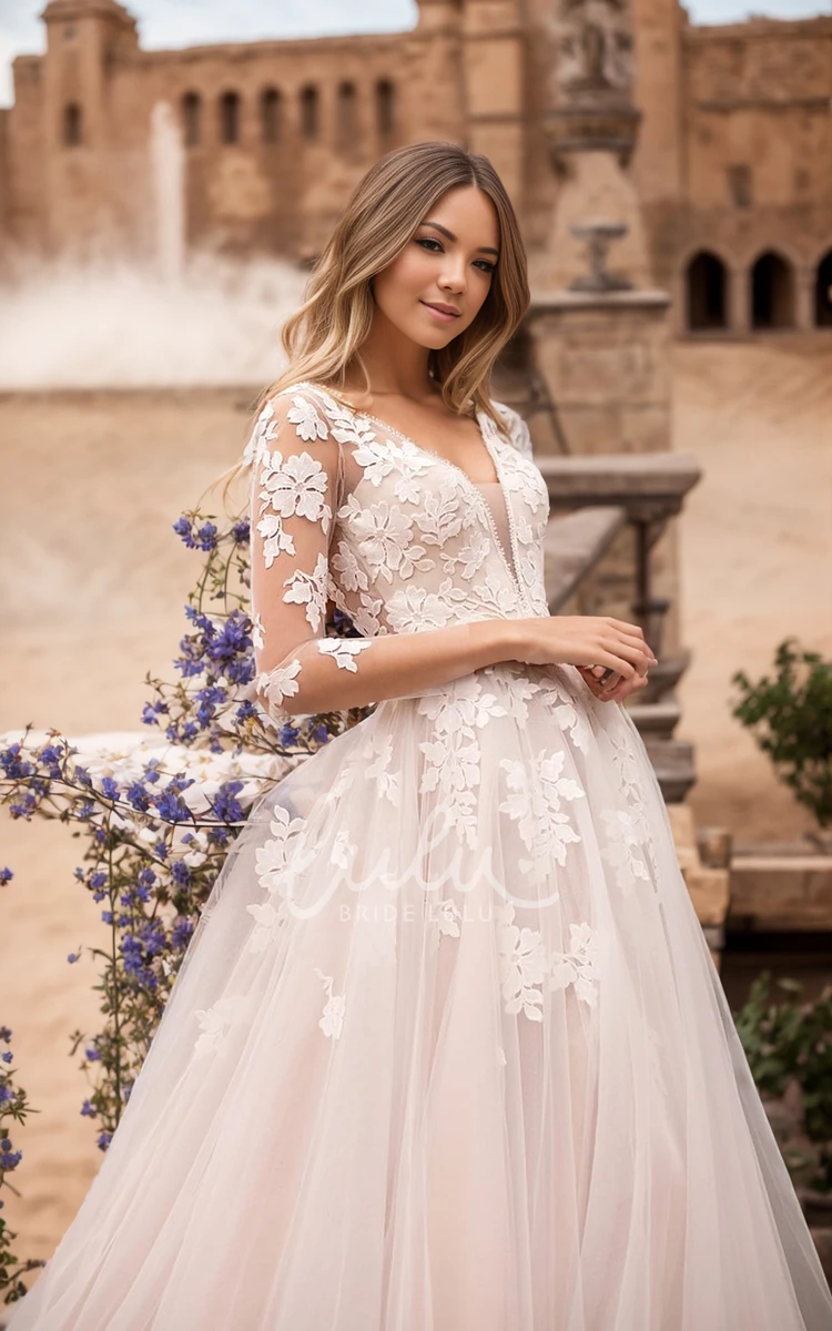 Floral Bohemian A-Line Spring Long Sleeve Wedding Dress Sexy Princess V-Neck Backless Appliques Chapel Train Bridal Gown