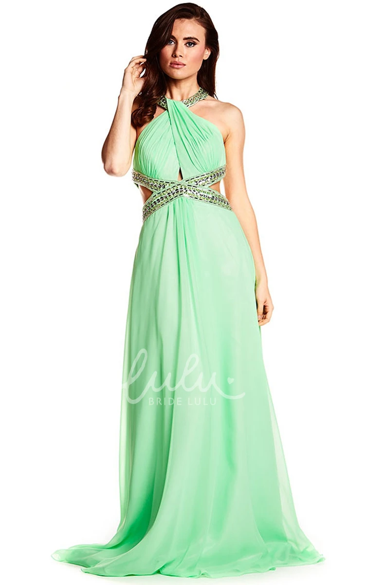 Halter Beaded Chiffon Prom Dress with Brush Train Sleeveless