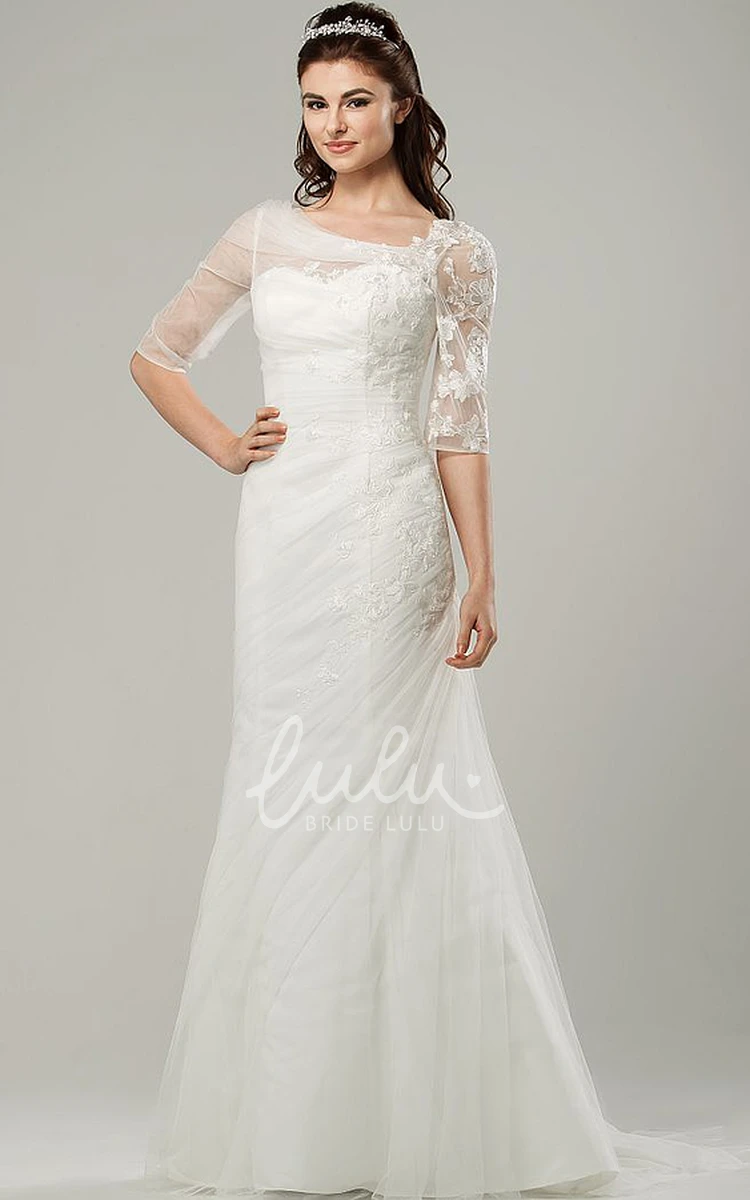 Half-Sleeve Tulle Wedding Dress with Ruched Scoop-Neck & Sweep Train