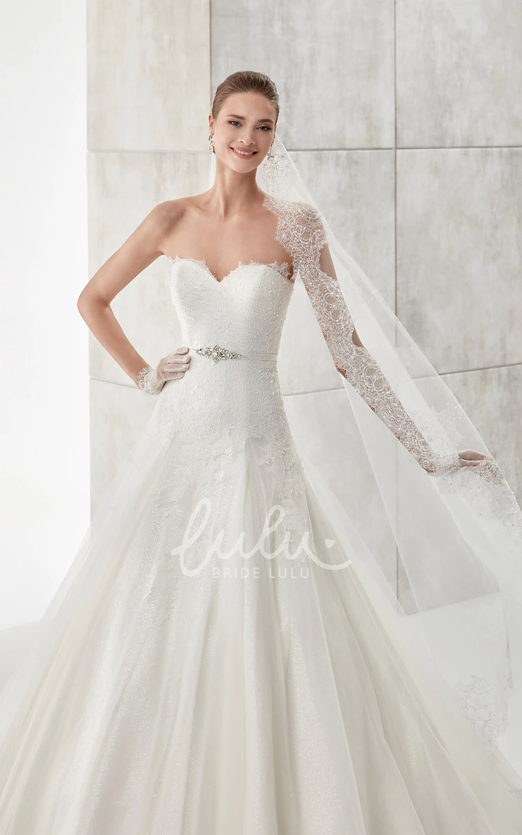 A-line Lace Bodice Wedding Dress with Beaded Belt Classy Bridal Gown