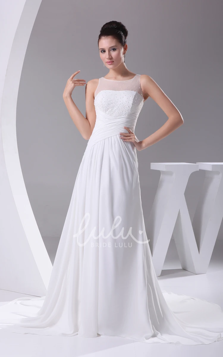 Beaded Chiffon Wedding Dress with Illusion Neckline Elegant and Modern