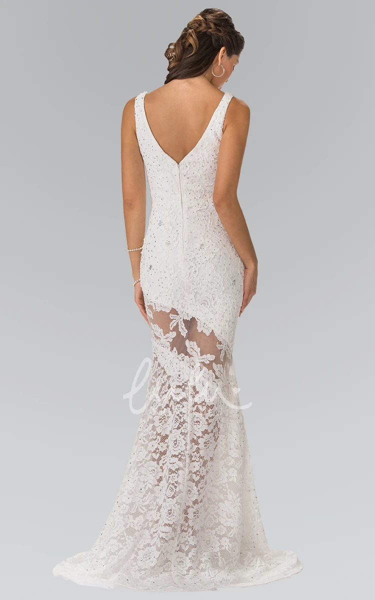 Deep-V Back Sleeveless Lace Dress With Appliques Formal Dress
