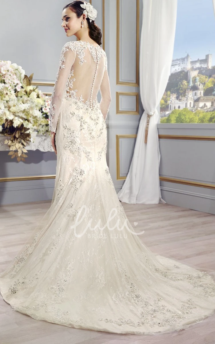Lace Appliqued Bateau Sleeve Wedding Dress Floor-Length