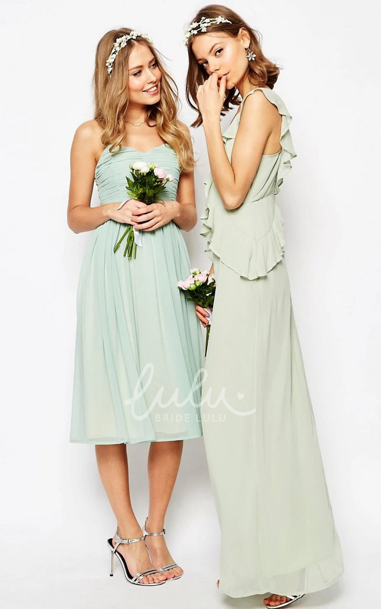 A-Line Tea-Length Ruched Chiffon Bridesmaid Dress with Spaghetti Straps