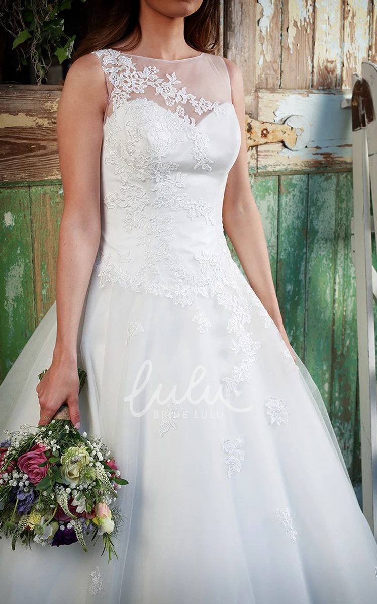 Floor-Length Tulle Ball Gown Wedding Dress Sleeveless Scoop Neckline with Appliques