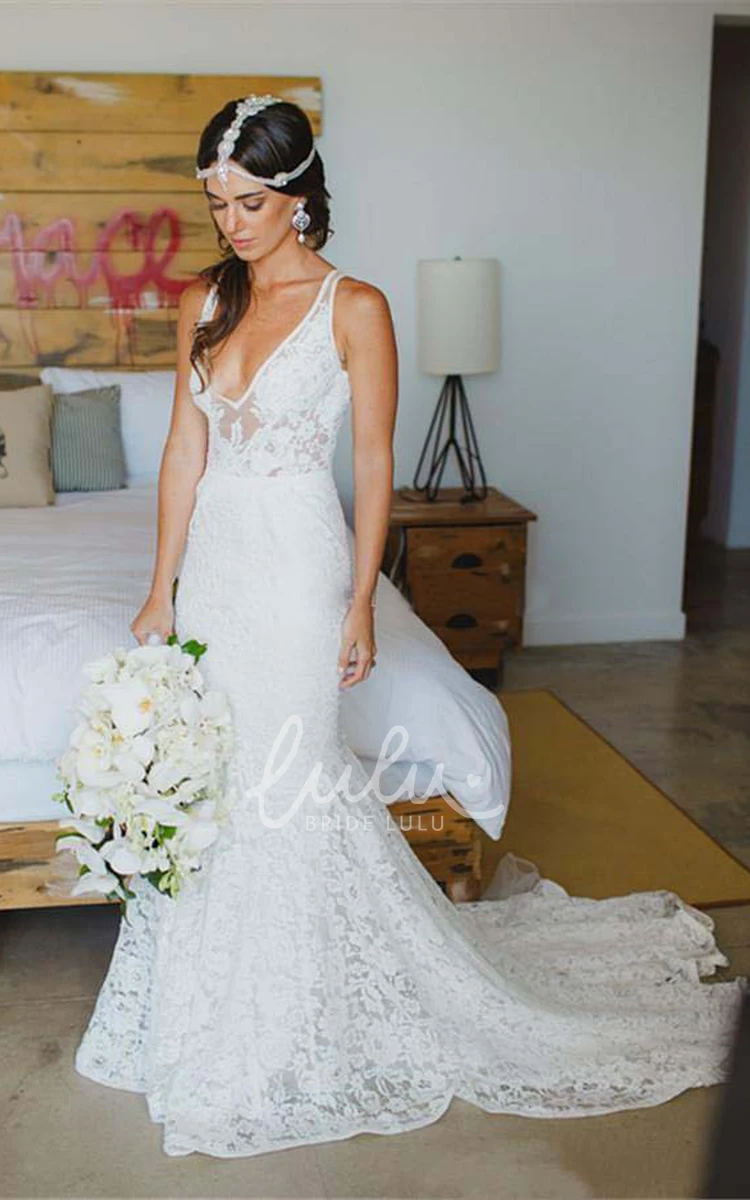 V-neck Lace Wedding Dress with Zipper Sheath Style