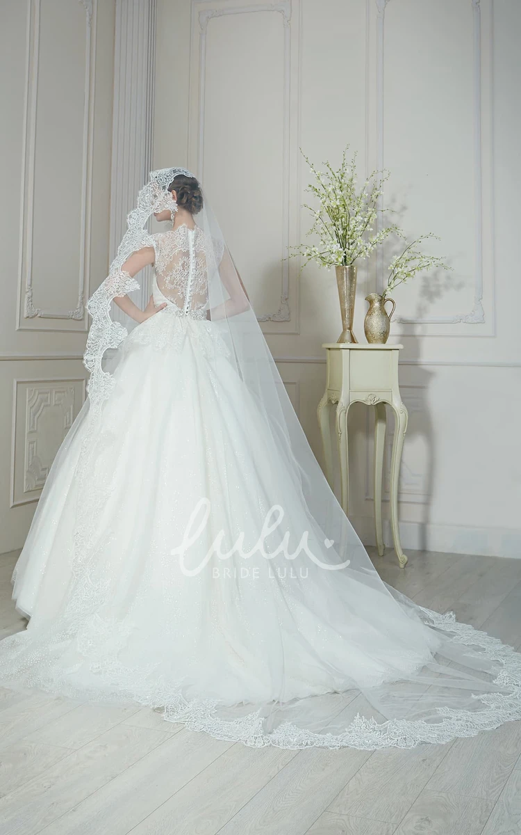 A-Line Tulle Sequin Beaded Wedding Dress with Illusion Neckline