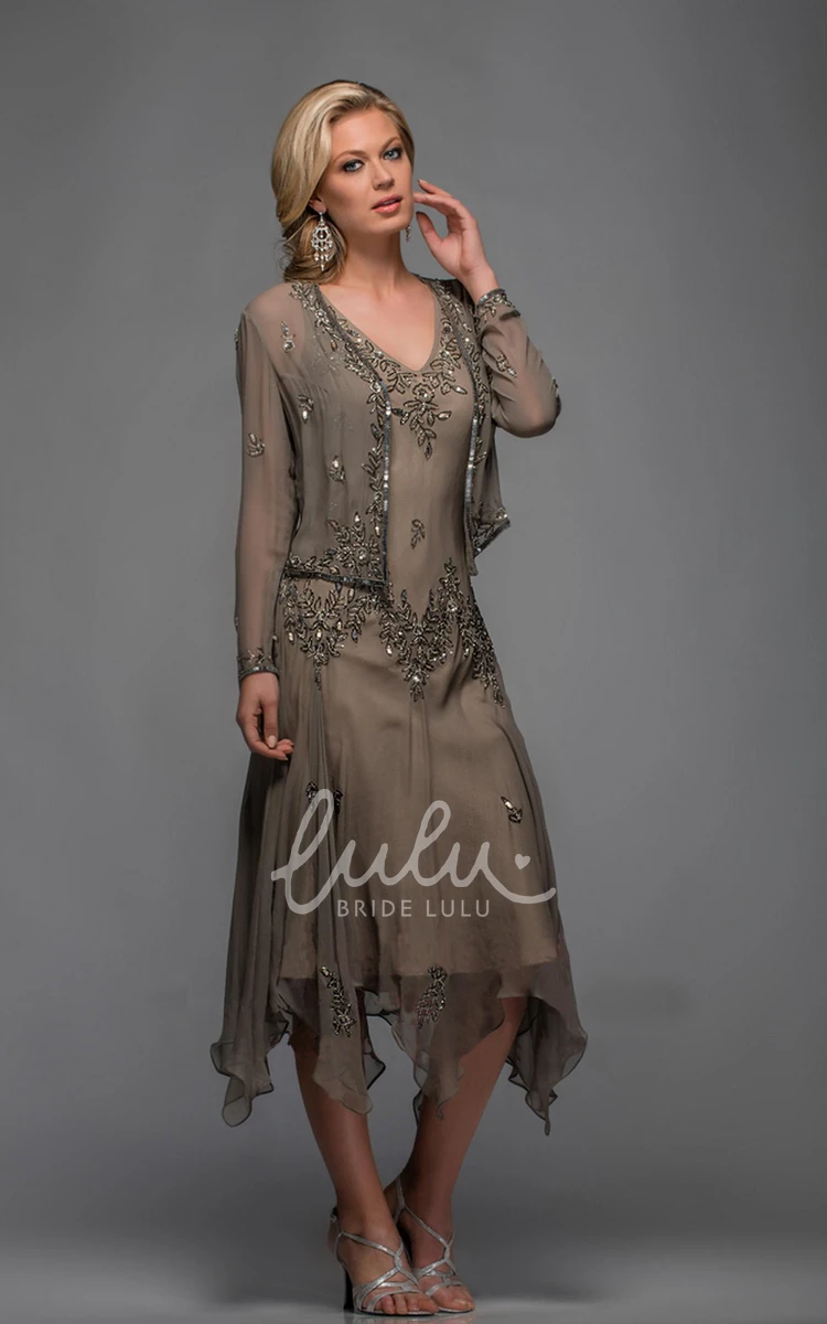 Chiffon V-neck Tea-length Mother of The Bride Dress Casual Sheath