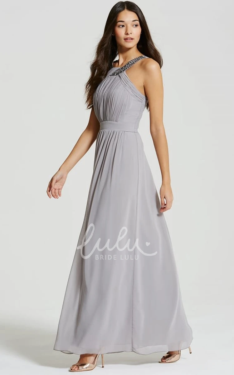 Sleeveless Chiffon Bridesmaid Dress with Straps Ruched Scoop Neck Ankle-Length