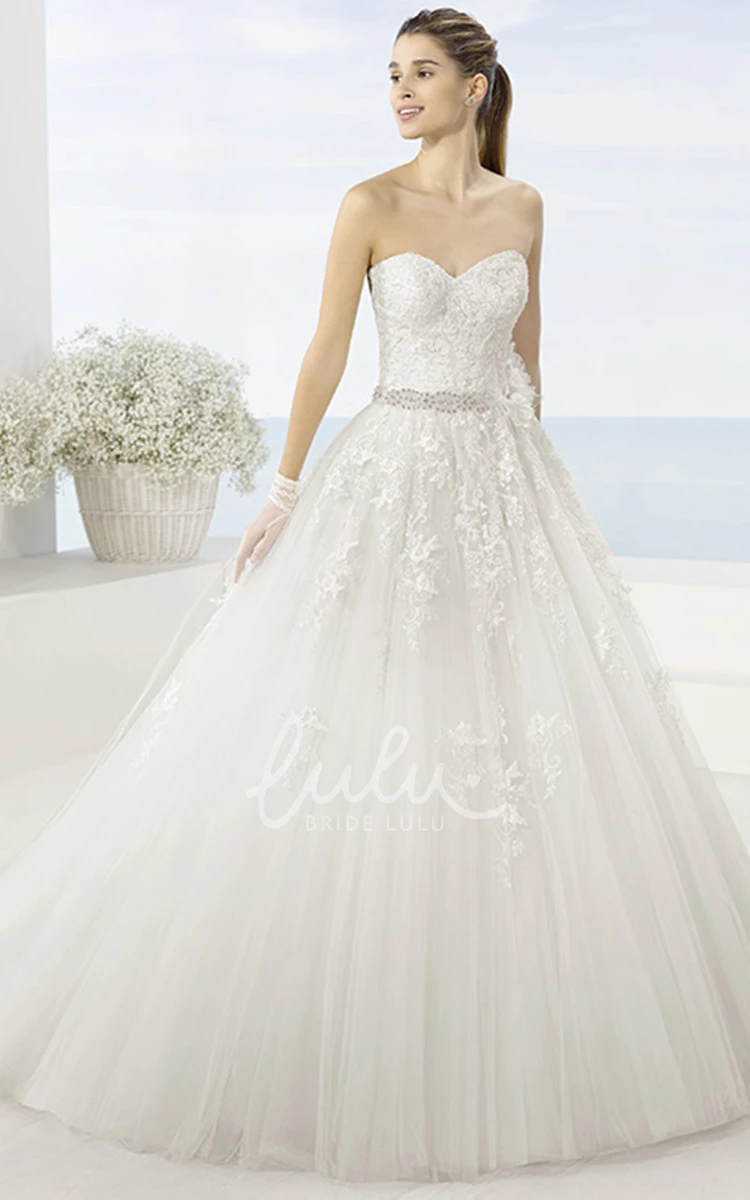 Jeweled Sweetheart Tulle Wedding Dress with Chapel Train Ball Gown Style