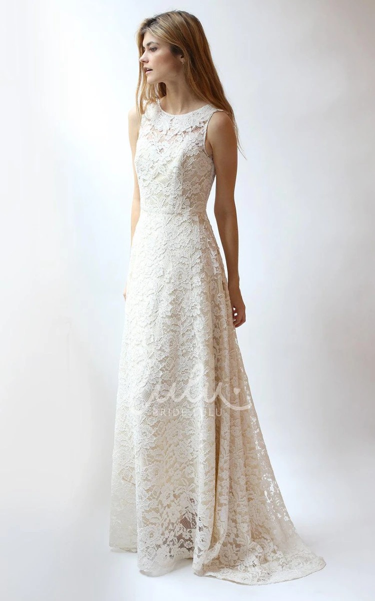 Rose Lace A-Line Wedding Dress Jewel Neck and Sleeveless Design