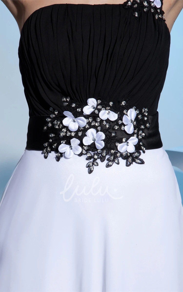 Black-And-White Chiffon Formal Dress with Beading One-Shoulder Floor-Length
