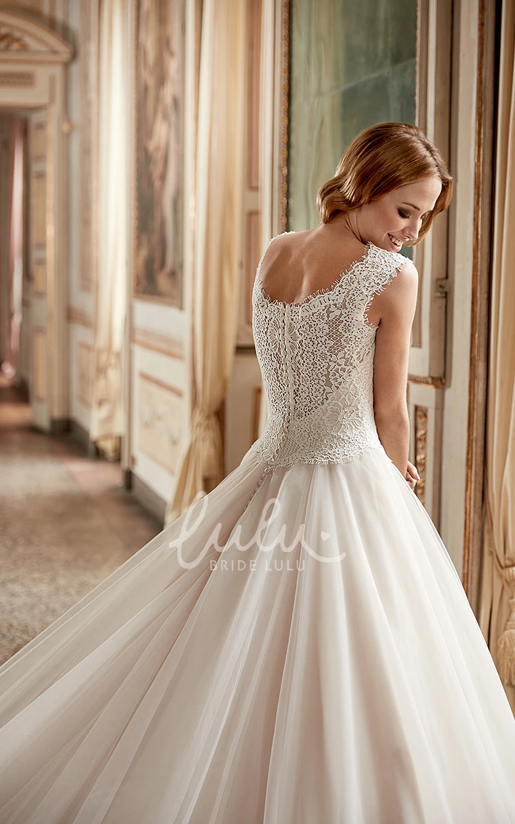 Maxi Tulle Ball Gown Wedding Dress with Cap Sleeves and Pleats at Scoop Neck