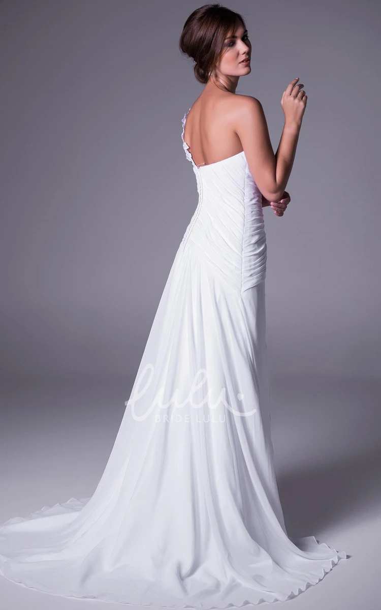 Ruched Chiffon One-Shoulder Wedding Dress Floor-Length Brush Train