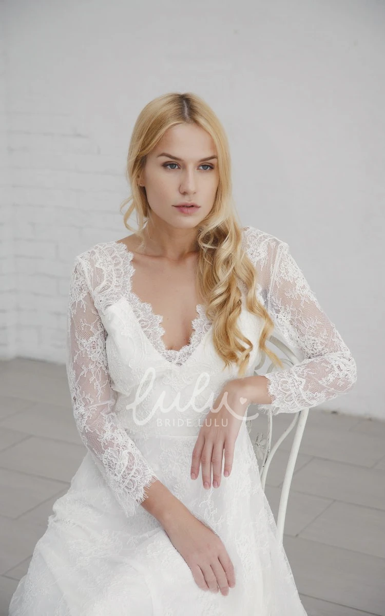 Long Sleeve Lace Wedding Dress with V-neck and Deep V-back Elegant A-line Long Sleeve Wedding Dress