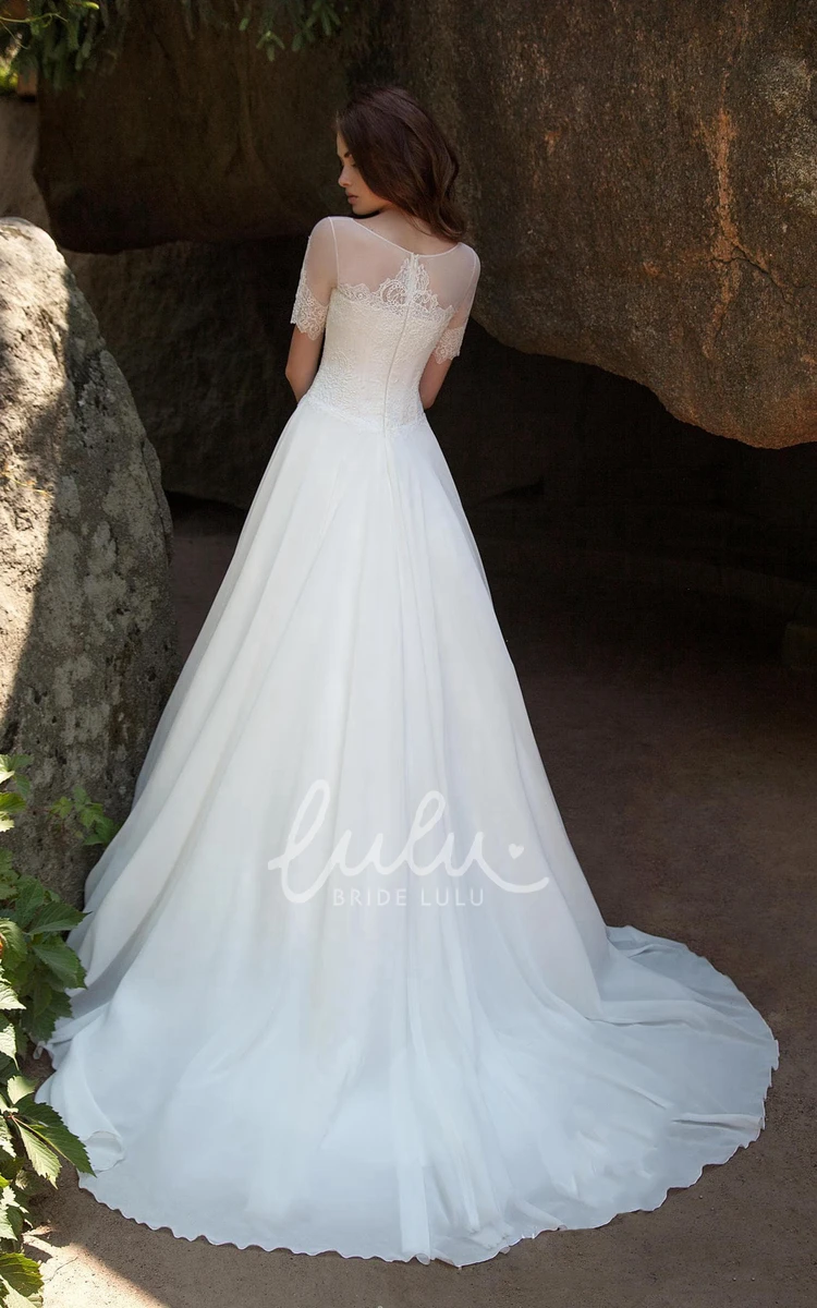 Lace Illusion Ball Gown Wedding Dress with Short Sleeves and Bateau Neckline