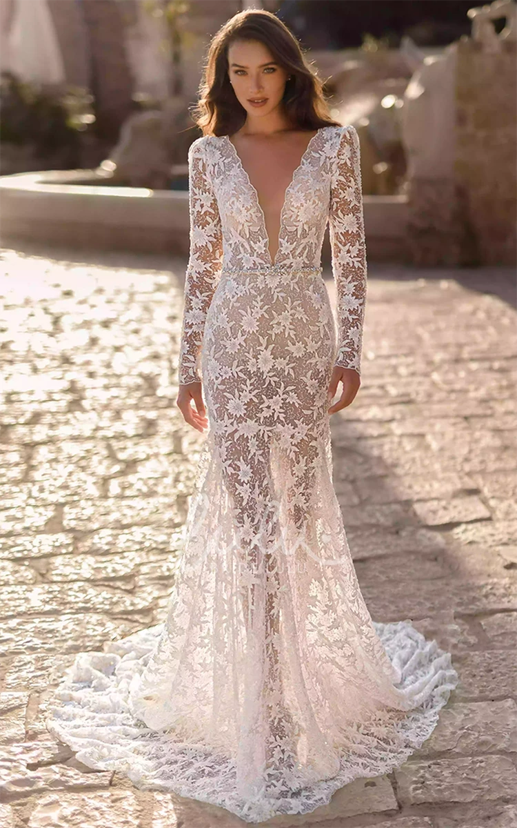 Bohemian Lace Sheath Beach Wedding Dress with Plunging Neckline and Open Back
